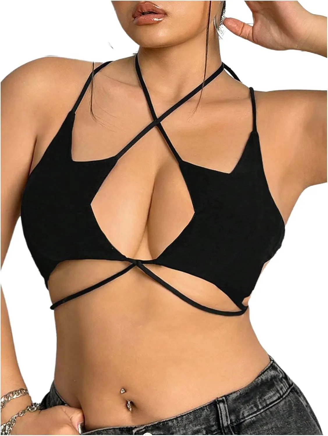 OYOANGLE Women's Plus Size Star Criss Cross Crop Cami Top Y2K Tie Backless Camisole Rave Tops