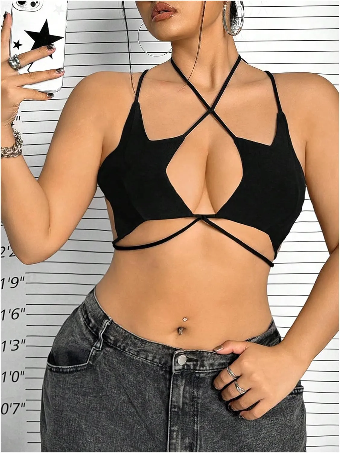 OYOANGLE Women's Plus Size Star Criss Cross Crop Cami Top Y2K Tie Backless Camisole Rave Tops