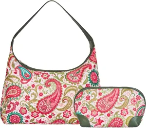 Paisley Print Sling Hobo & Cosmetic Bag Combo with Leather