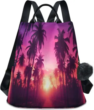 Palm Tree Sunset Purple Backpack Purse Anti-Theft Casual Travel Rucksack Fashion Lightweight Shoulder Bag for Ladies Bookbag Purses