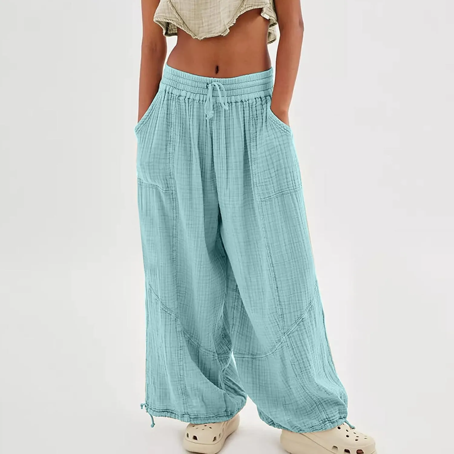 Pants for Women Elastic Waist Straight Leg Baggy Beach Trousers Casual High Waist Drawstring Sweatpants with Pockets