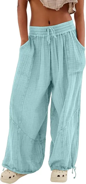 Pants for Women Elastic Waist Straight Leg Baggy Beach Trousers Casual High Waist Drawstring Sweatpants with Pockets
