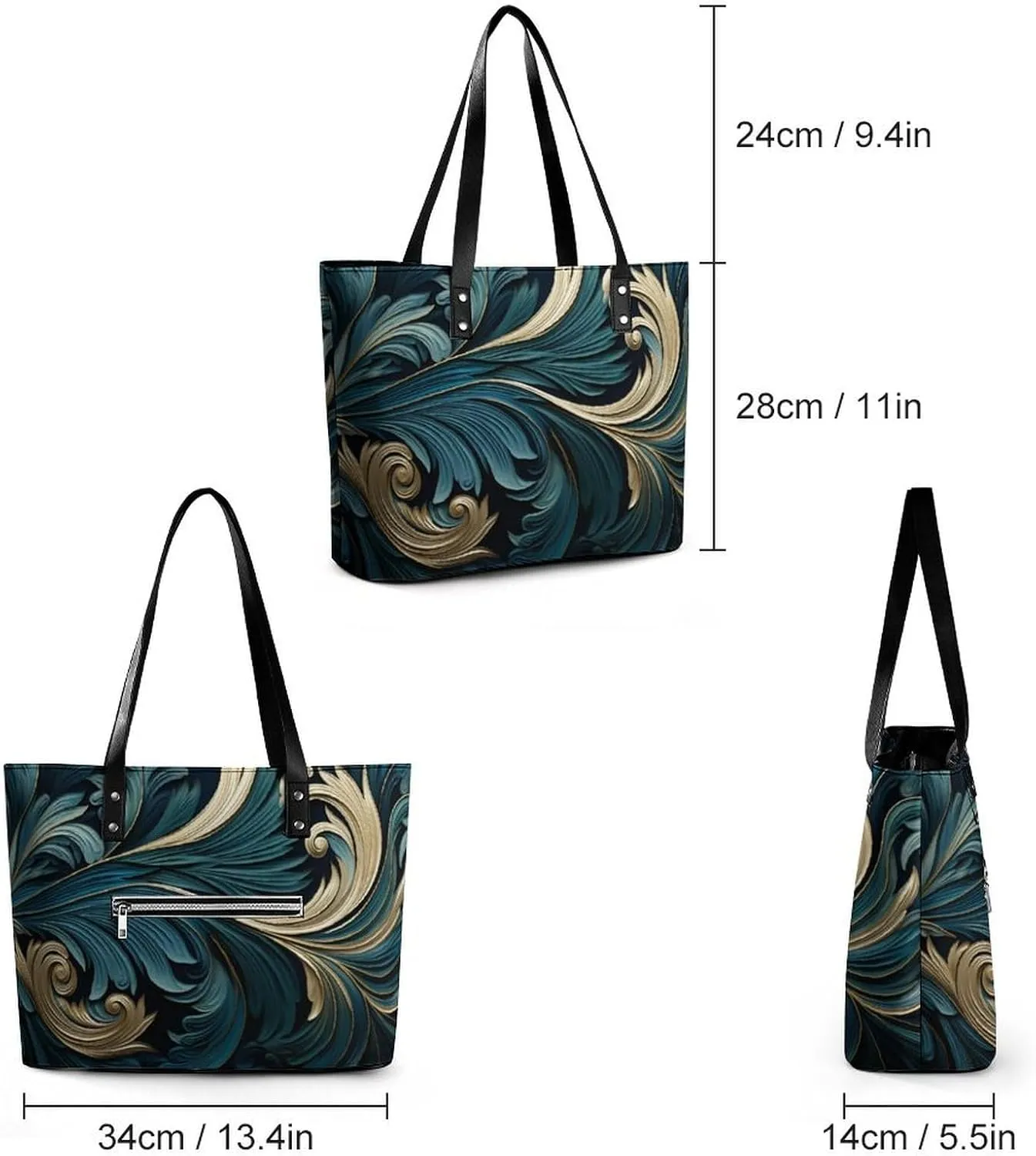 Peacock Feathers in Teal And Gold Women Soft Leather Handbags Tote Purses Shoulder Bucket Bags