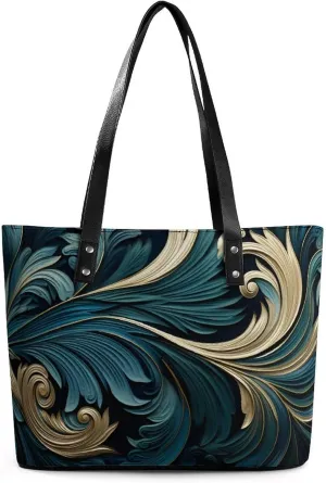 Peacock Feathers in Teal And Gold Women Soft Leather Handbags Tote Purses Shoulder Bucket Bags