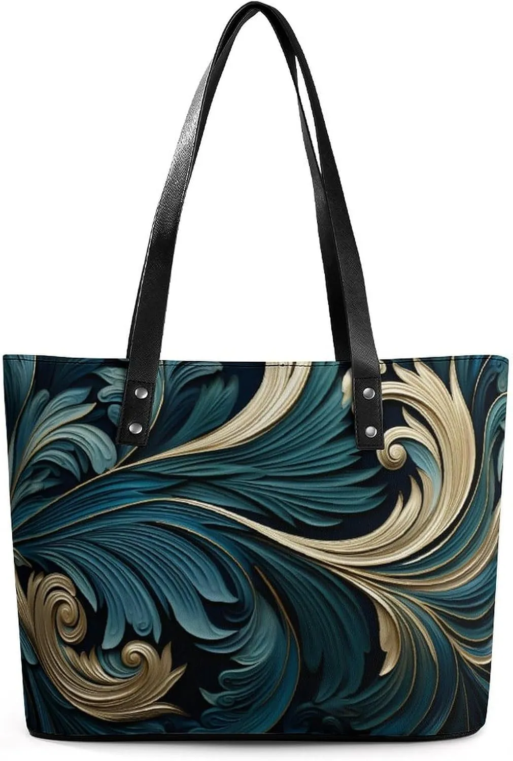 Peacock Feathers in Teal And Gold Women Soft Leather Handbags Tote Purses Shoulder Bucket Bags