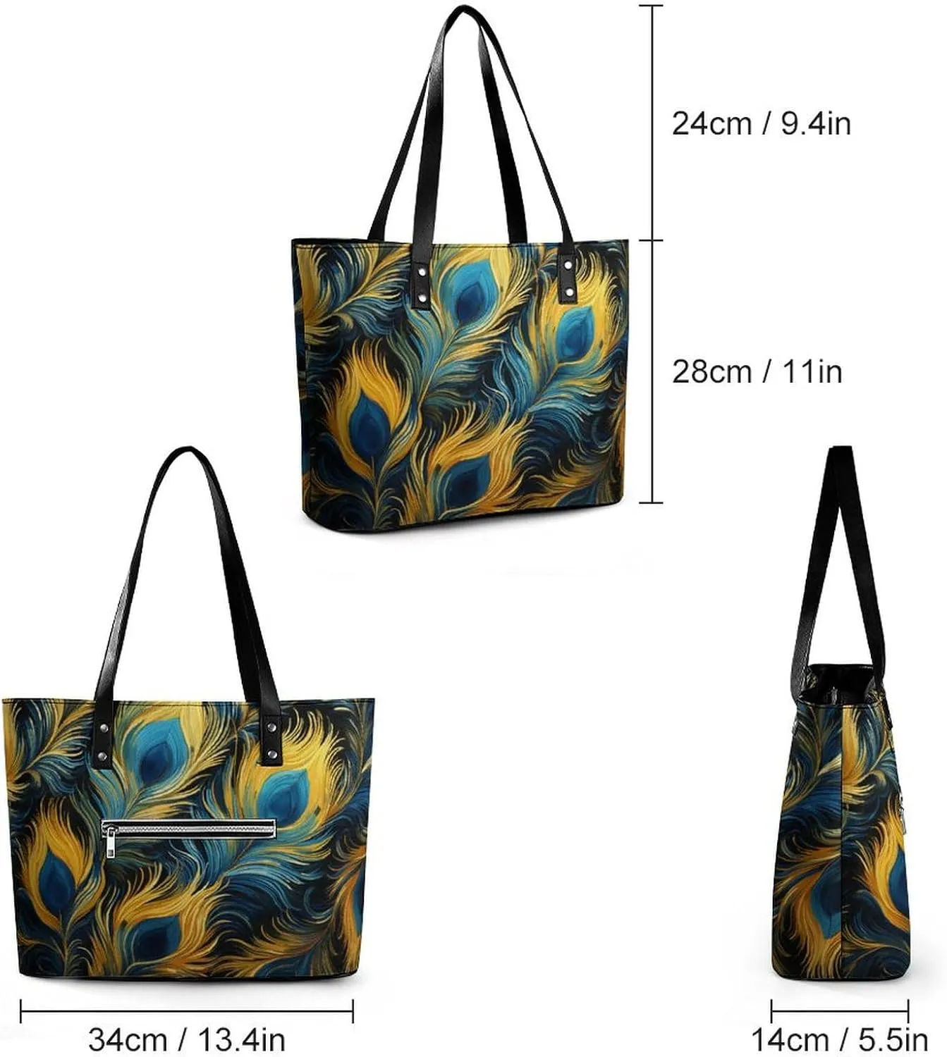 Peacock Feathers in Teal And Gold Women Soft Leather Handbags Tote Purses Shoulder Bucket Bags