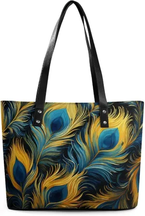 Peacock Feathers in Teal And Gold Women Soft Leather Handbags Tote Purses Shoulder Bucket Bags