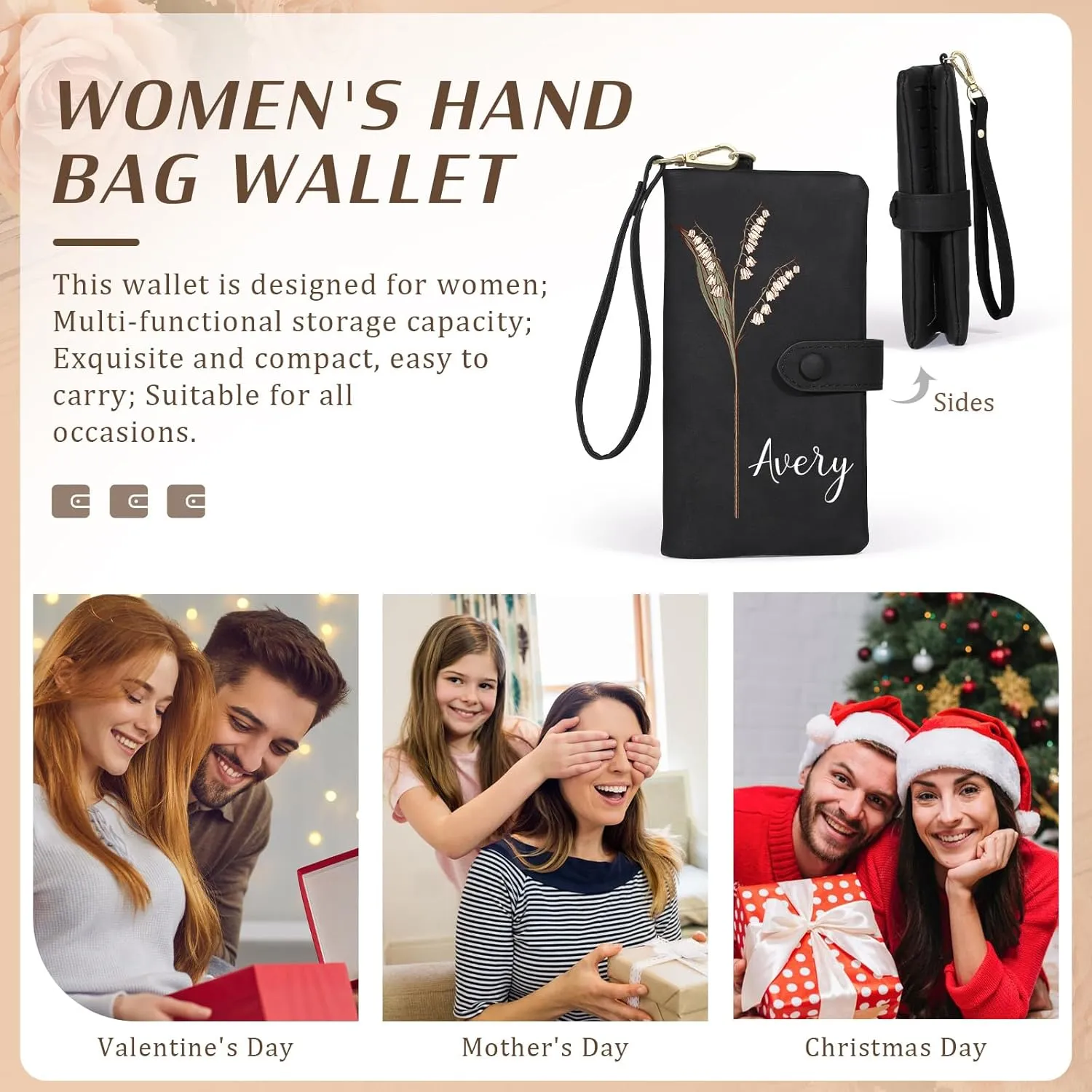 Personalized Leather Wallet for Women  Custom Bifold Wristlet with Birth Flower & Name  PU Leather Card Holder Wallet  Unique Gifts for Mom, Wife, Grandma, Daughter