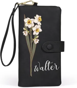Personalized Leather Wallet for Women  Custom Bifold Wristlet with Birth Flower & Name  PU Leather Card Holder Wallet  Unique Gifts for Mom, Wife, Grandma, Daughter