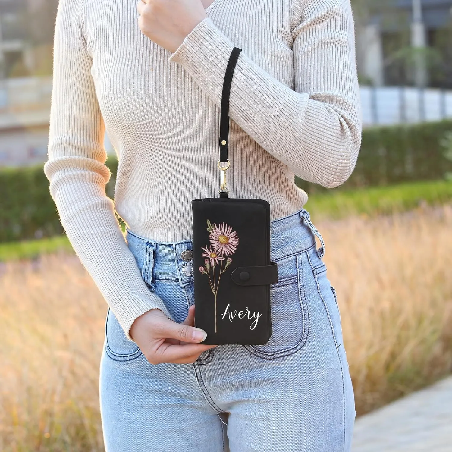 Personalized Leather Wallet for Women  Custom Bifold Wristlet with Birth Flower & Name  PU Leather Card Holder Wallet  Unique Gifts for Mom, Wife, Grandma, Daughter