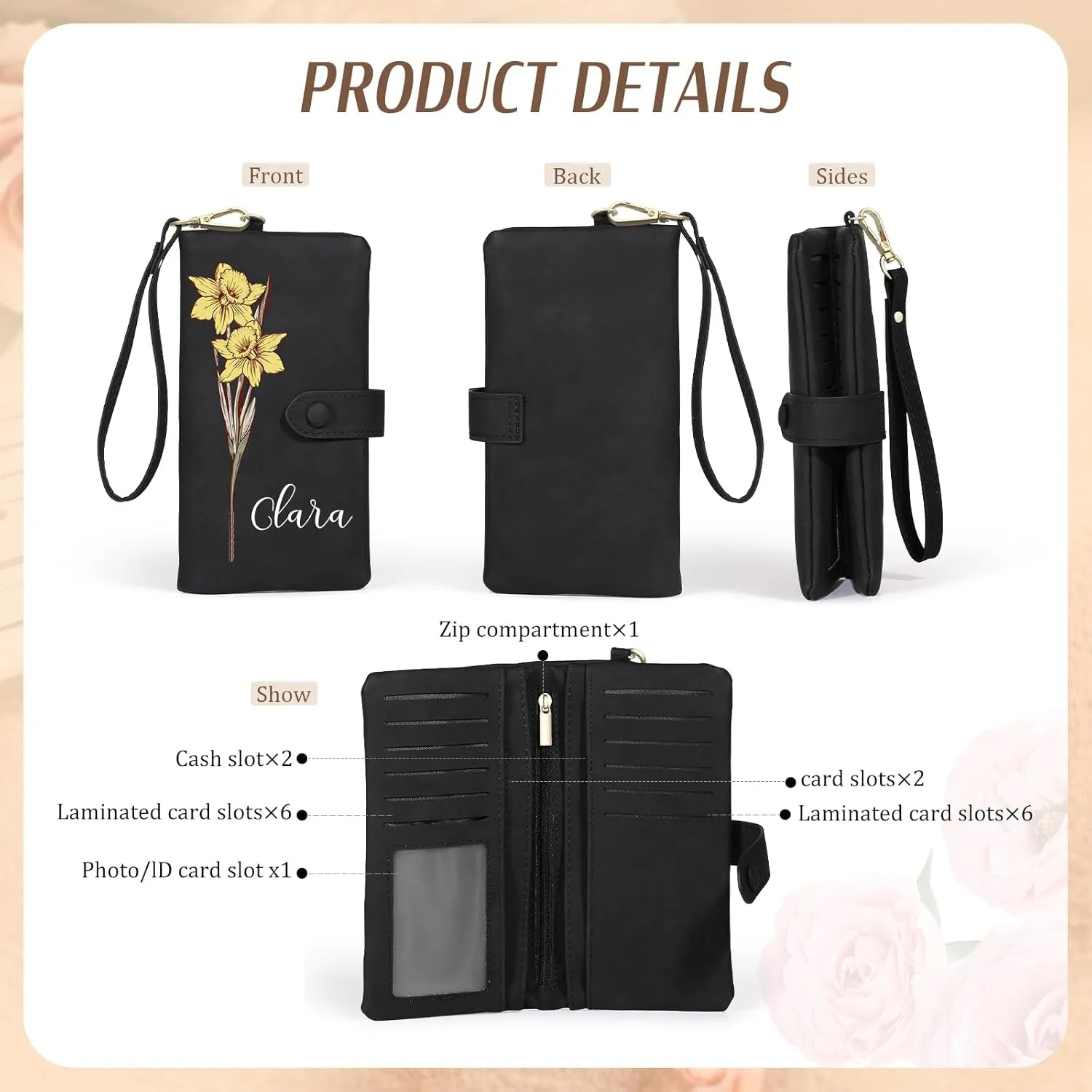 Personalized Leather Wallet for Women  Custom Bifold Wristlet with Birth Flower & Name  PU Leather Card Holder Wallet  Unique Gifts for Mom, Wife, Grandma, Daughter