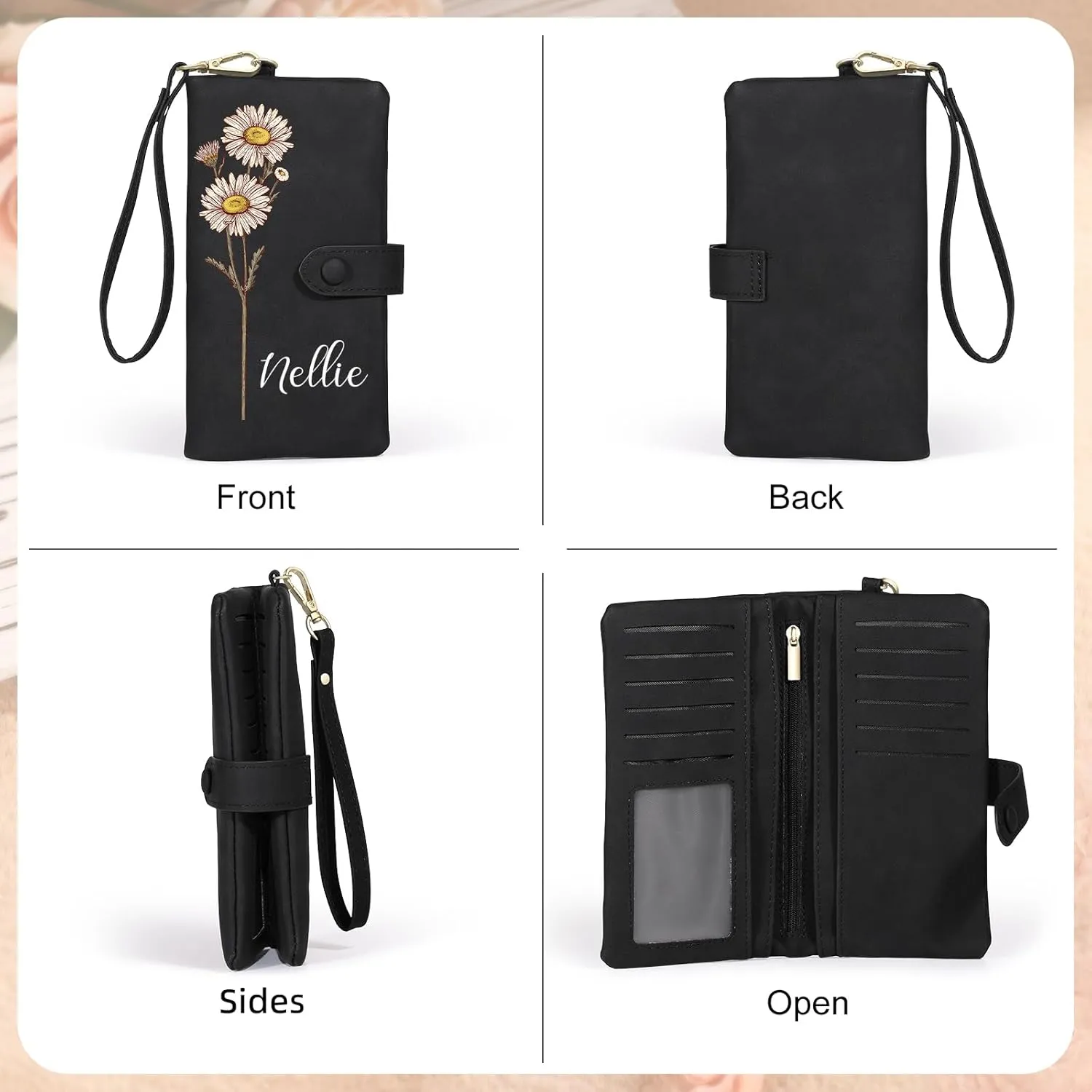 Personalized Leather Wallet for Women  Custom Bifold Wristlet with Birth Flower & Name  PU Leather Card Holder Wallet  Unique Gifts for Mom, Wife, Grandma, Daughter