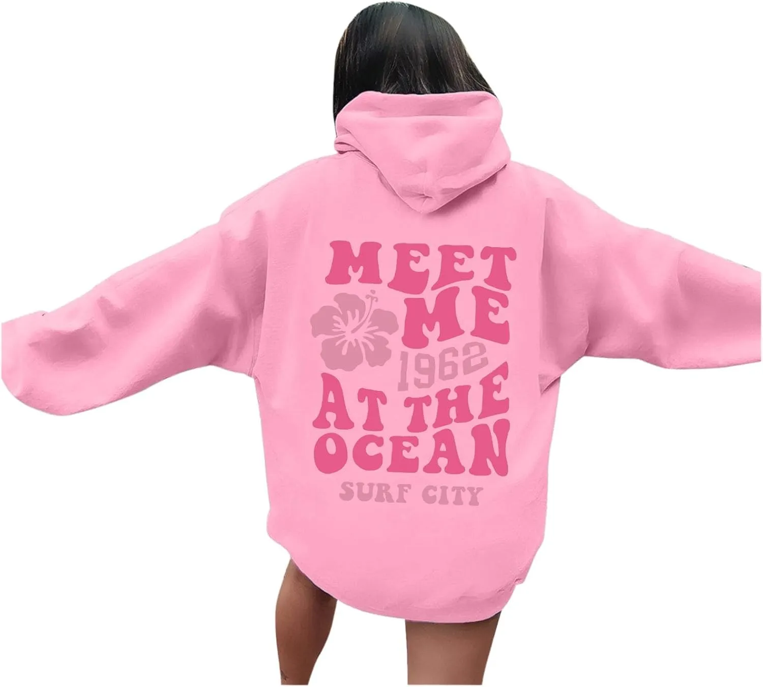 Pink Graphic Oversized Hoodies for Women Teen Girls 2024 Trendy Cute Preppy Sweatshirts Long Sleeve Y2K Tops Pullover