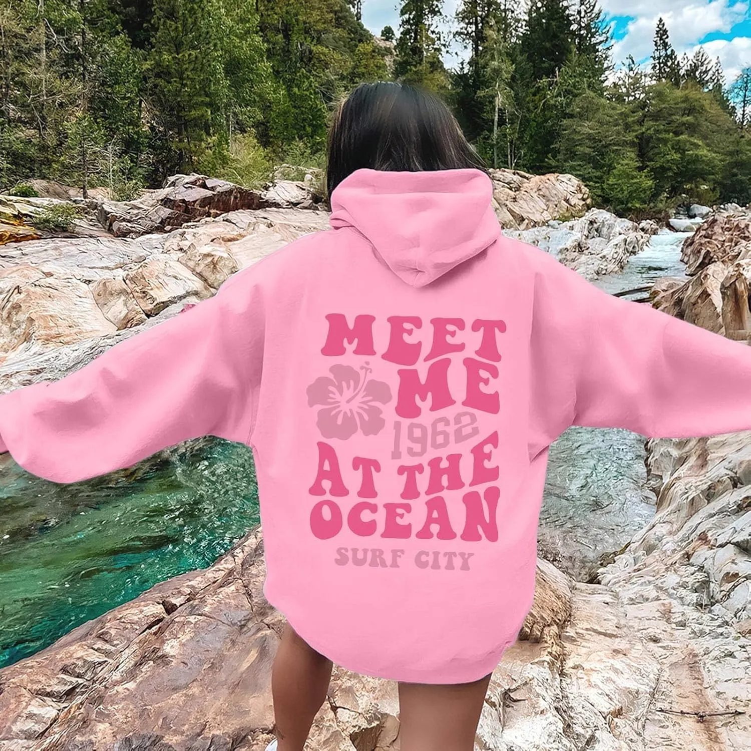 Pink Graphic Oversized Hoodies for Women Teen Girls 2024 Trendy Cute Preppy Sweatshirts Long Sleeve Y2K Tops Pullover