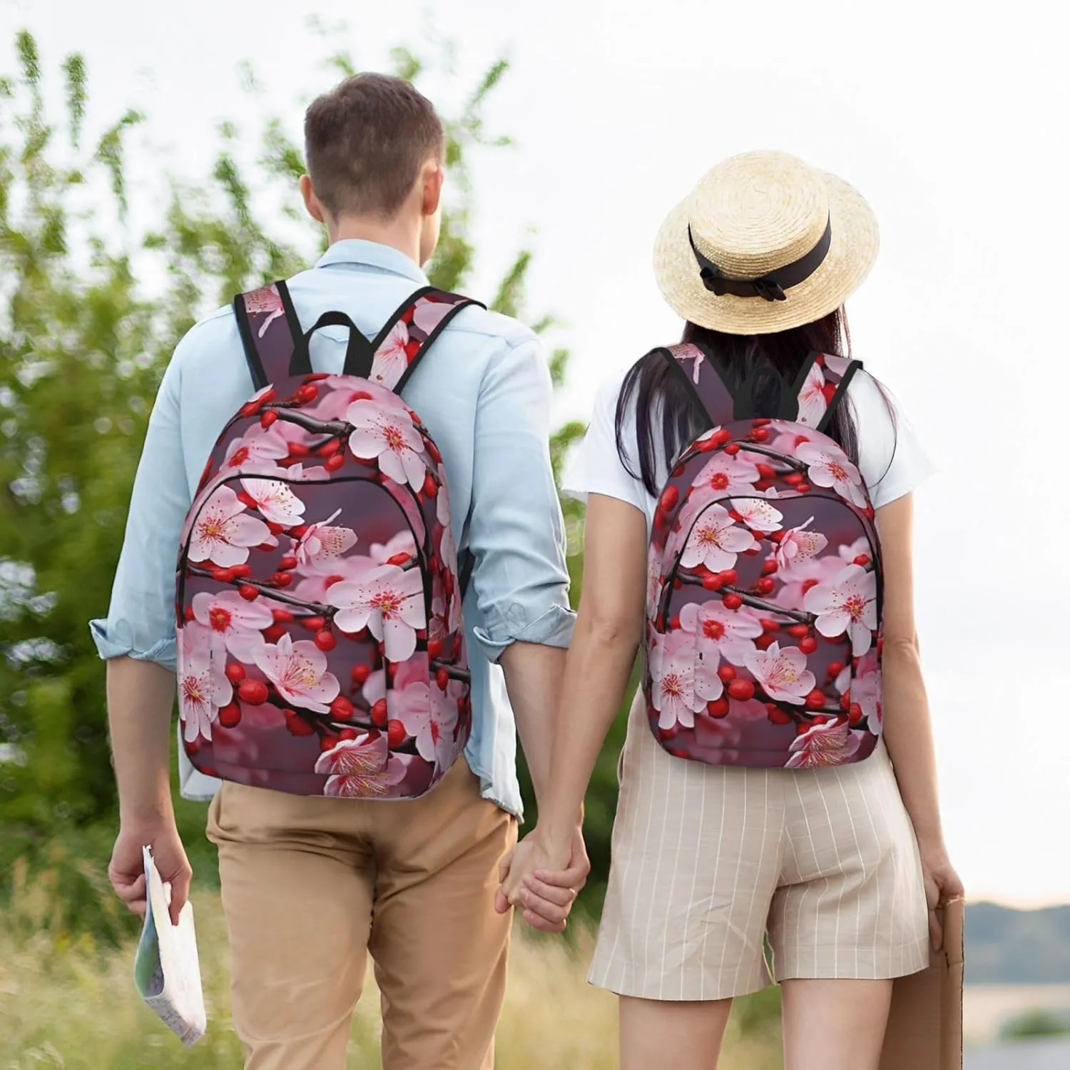 Pink Plum Blossom Large Canvas Backpack Lightweight Adjustable Laptop Bag Casual Backpack For Travel Work Medium