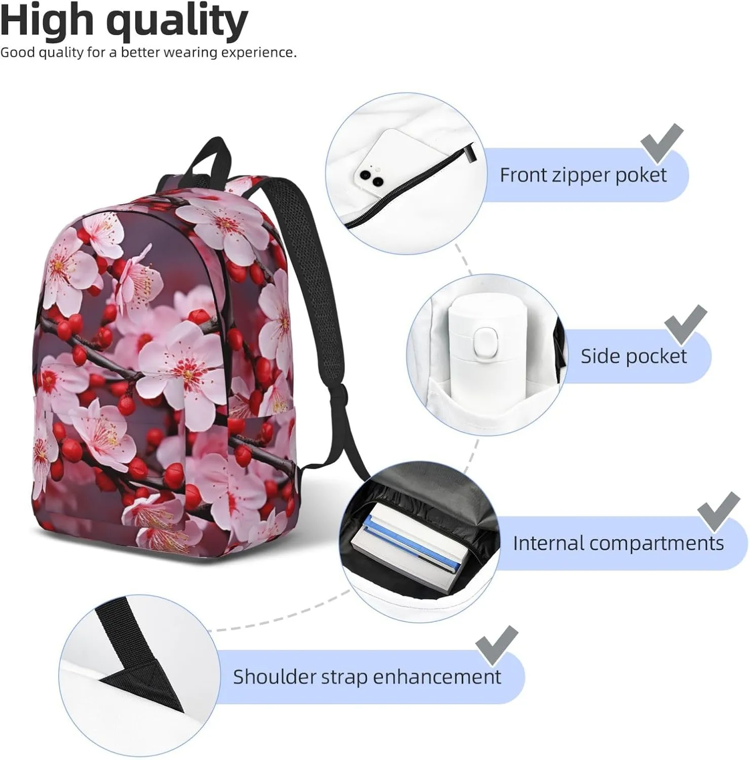 Pink Plum Blossom Large Canvas Backpack Lightweight Adjustable Laptop Bag Casual Backpack For Travel Work Medium