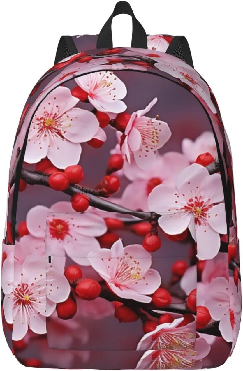 Pink Plum Blossom Large Canvas Backpack Lightweight Adjustable Laptop Bag Casual Backpack For Travel Work Medium