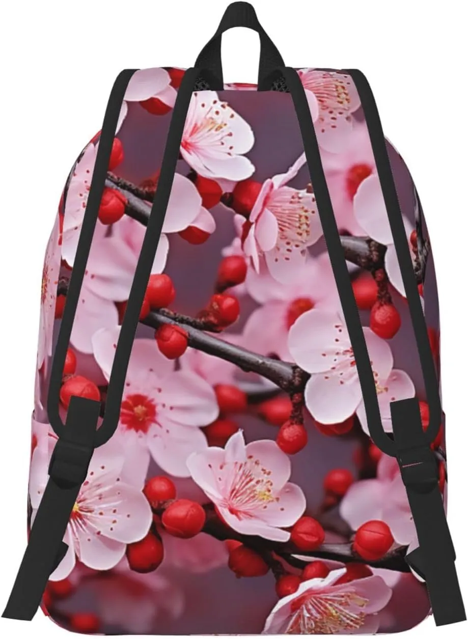 Pink Plum Blossom Large Canvas Backpack Lightweight Adjustable Laptop Bag Casual Backpack For Travel Work Medium
