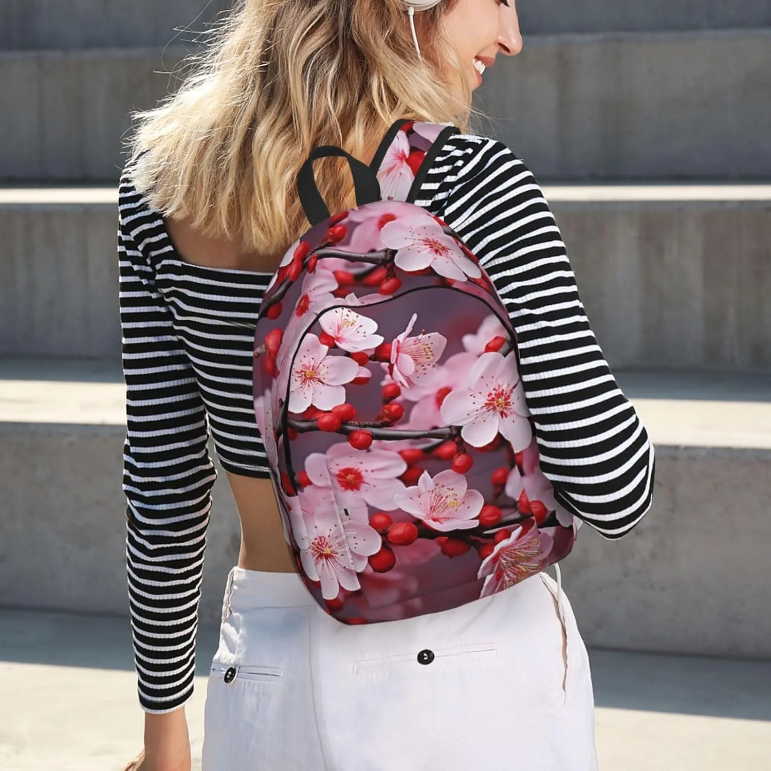 Pink Plum Blossom Large Canvas Backpack Lightweight Adjustable Laptop Bag Casual Backpack For Travel Work Medium