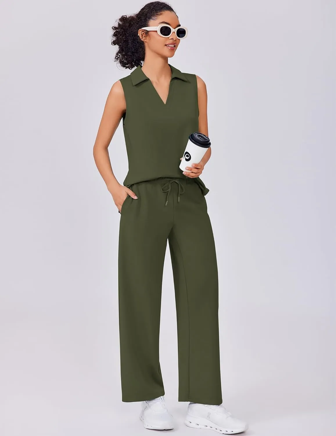 PINSPARK Two Piece Sets for Women Sleeveless Outfits Travel Tracksuit V Neck Top Wide Leg Pant Lounge Sets 2025 Summer