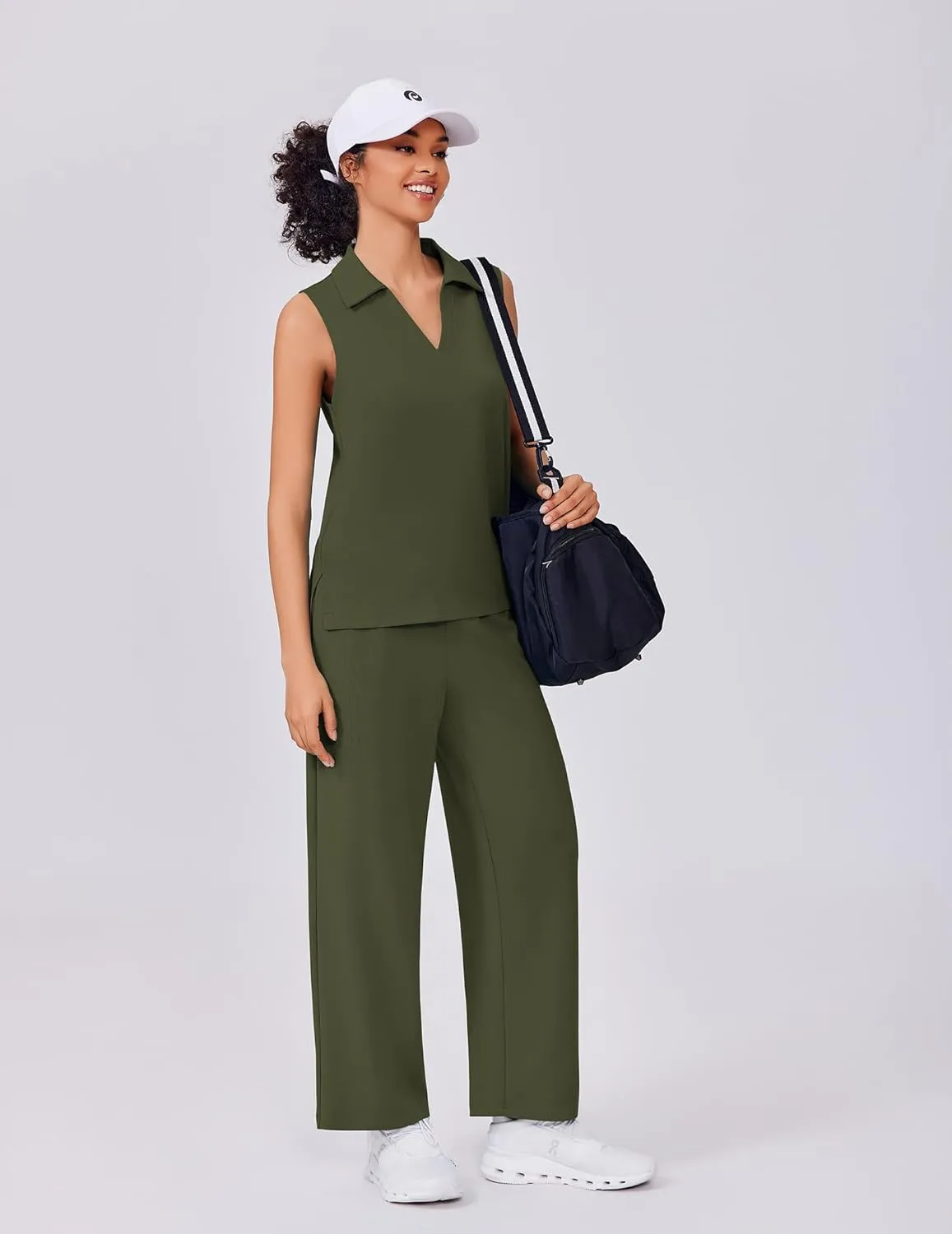 PINSPARK Two Piece Sets for Women Sleeveless Outfits Travel Tracksuit V Neck Top Wide Leg Pant Lounge Sets 2025 Summer