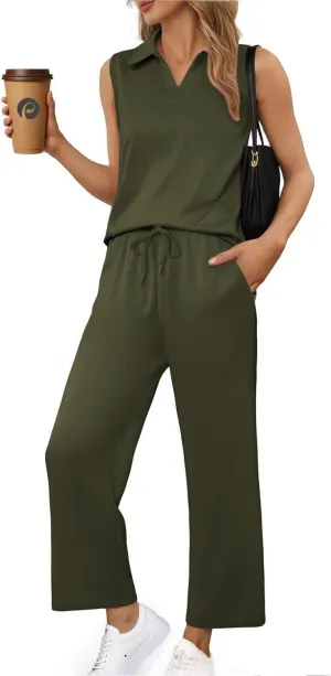 PINSPARK Two Piece Sets for Women Sleeveless Outfits Travel Tracksuit V Neck Top Wide Leg Pant Lounge Sets 2025 Summer