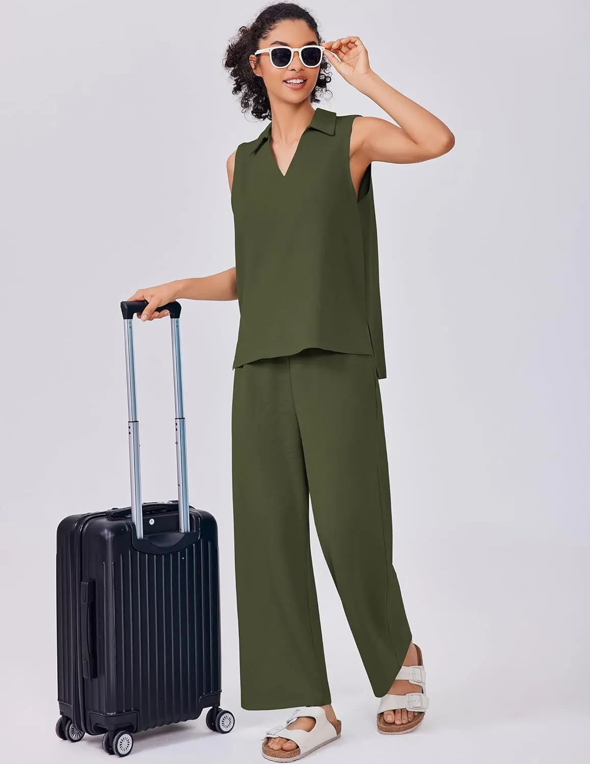 PINSPARK Two Piece Sets for Women Sleeveless Outfits Travel Tracksuit V Neck Top Wide Leg Pant Lounge Sets 2025 Summer