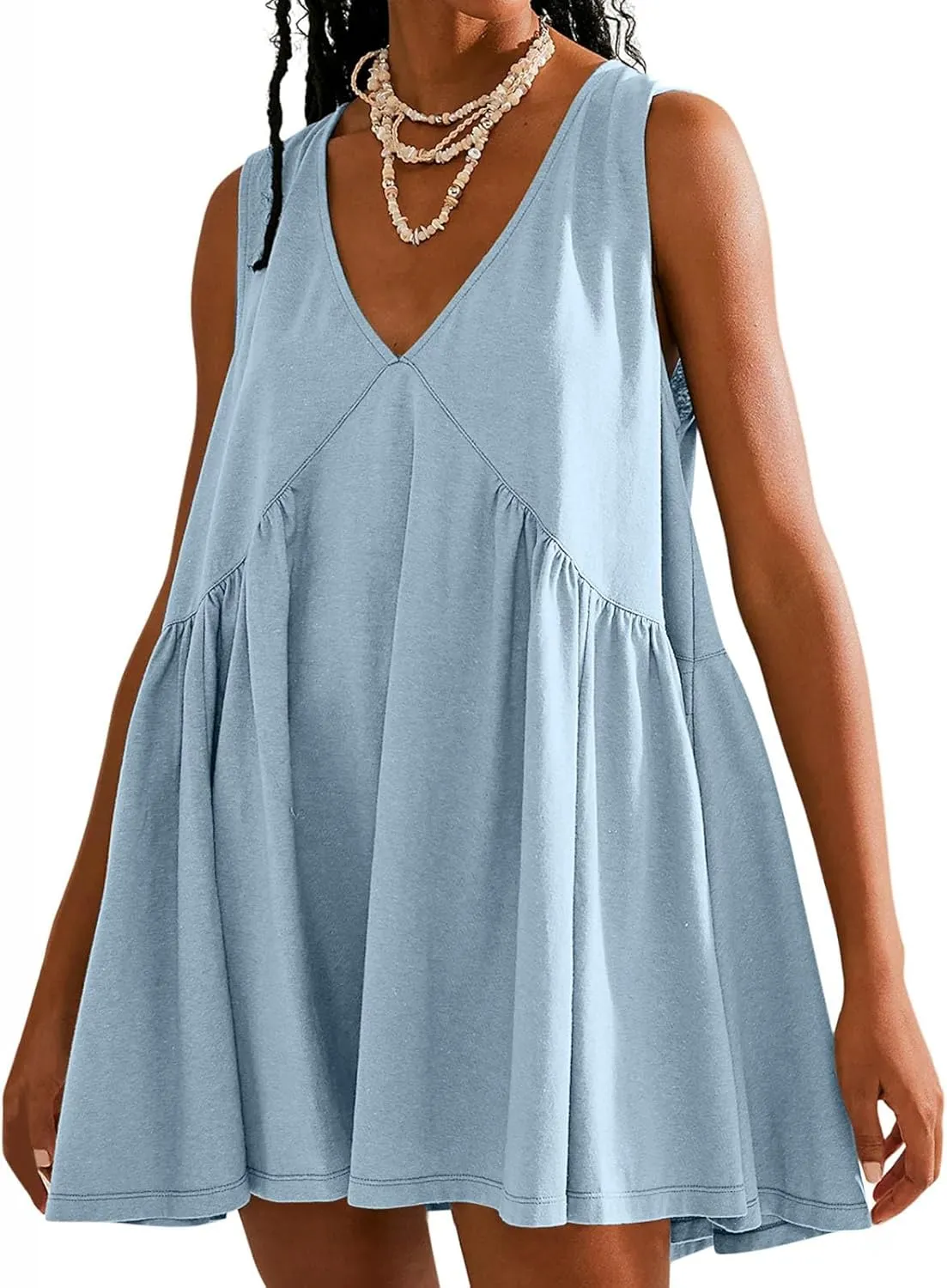 Plus Size Mini Dress for Women Sleeveless Sundress Casual Summer V Neck Dresses Loose Fit Trendy Tops