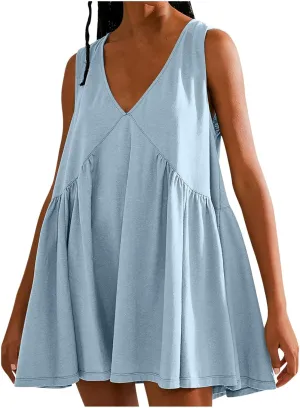 Plus Size Mini Dress for Women Sleeveless Sundress Casual Summer V Neck Dresses Loose Fit Trendy Tops