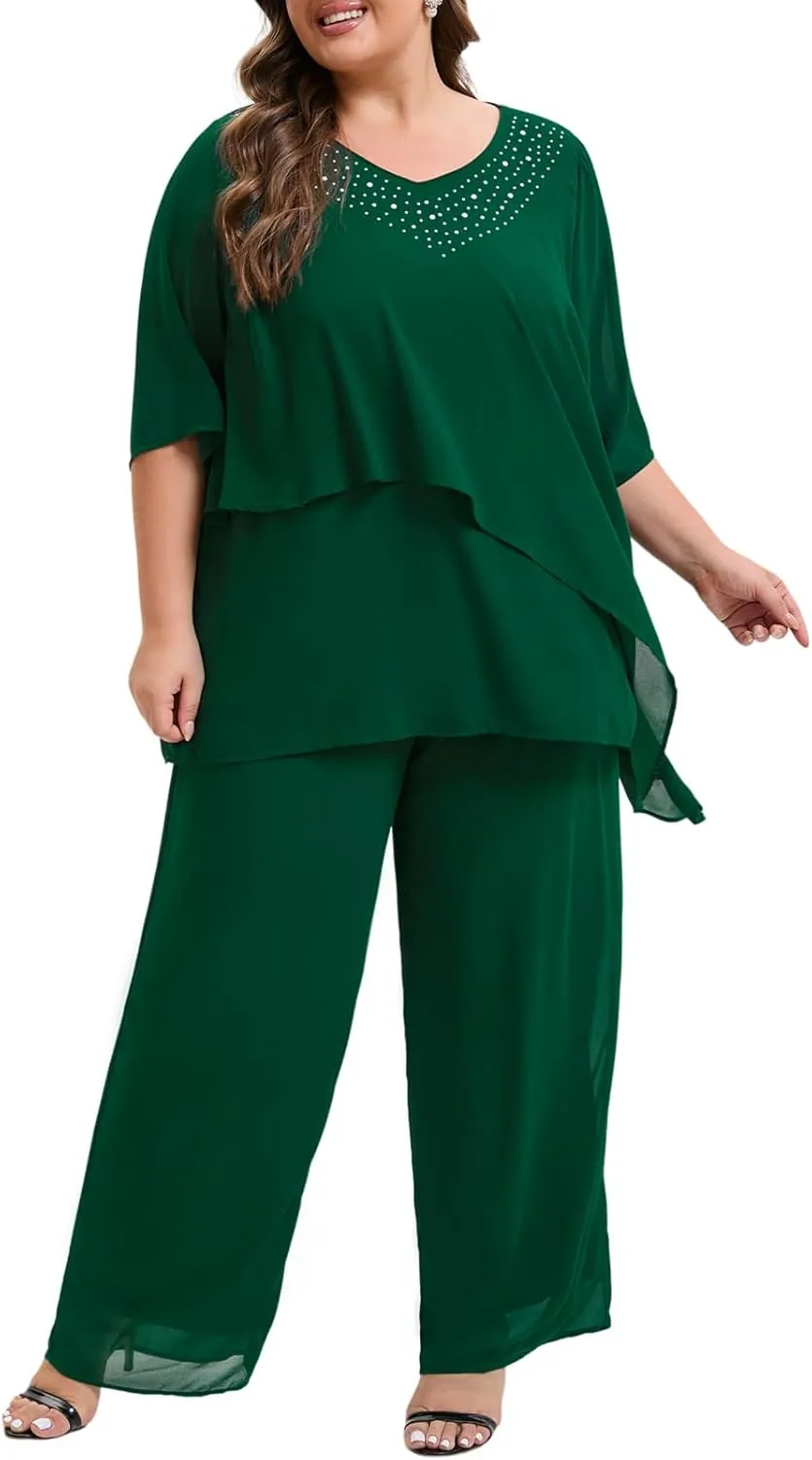 Plus Size Mother of Bride Pant Suits 2 Piece Ruffle Layers Chiffon Sets High Low Hem Wedding Guest Outfit