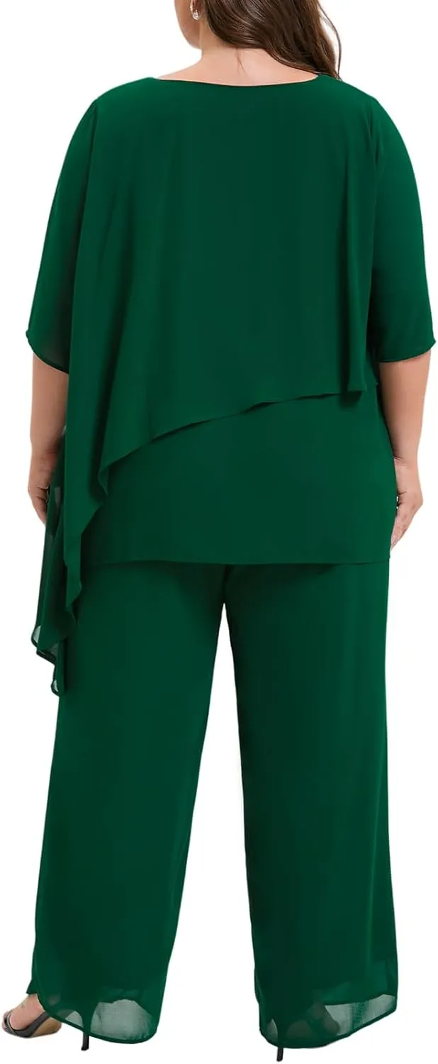 Plus Size Mother of Bride Pant Suits 2 Piece Ruffle Layers Chiffon Sets High Low Hem Wedding Guest Outfit