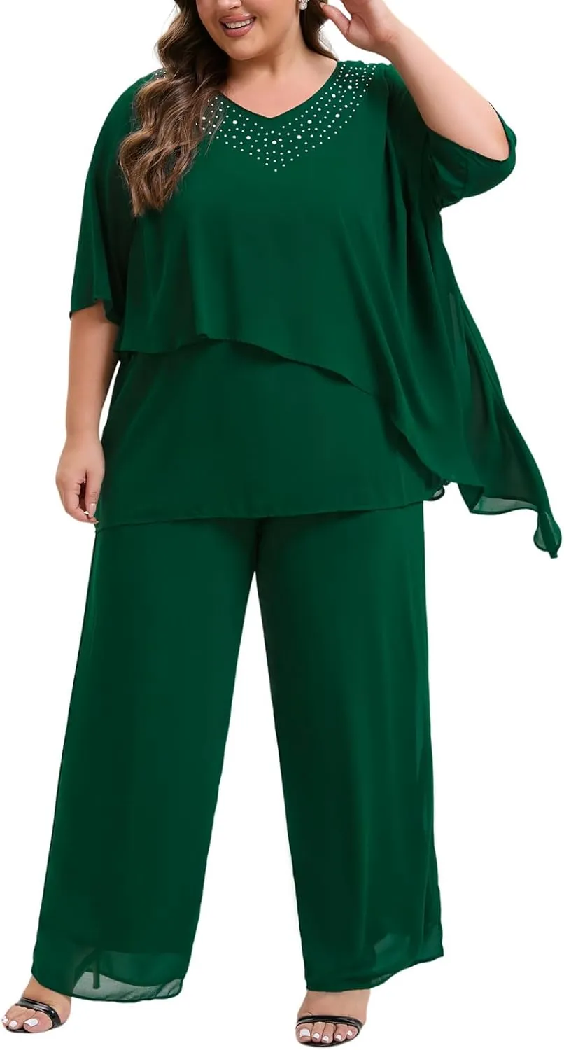 Plus Size Mother of Bride Pant Suits 2 Piece Ruffle Layers Chiffon Sets High Low Hem Wedding Guest Outfit