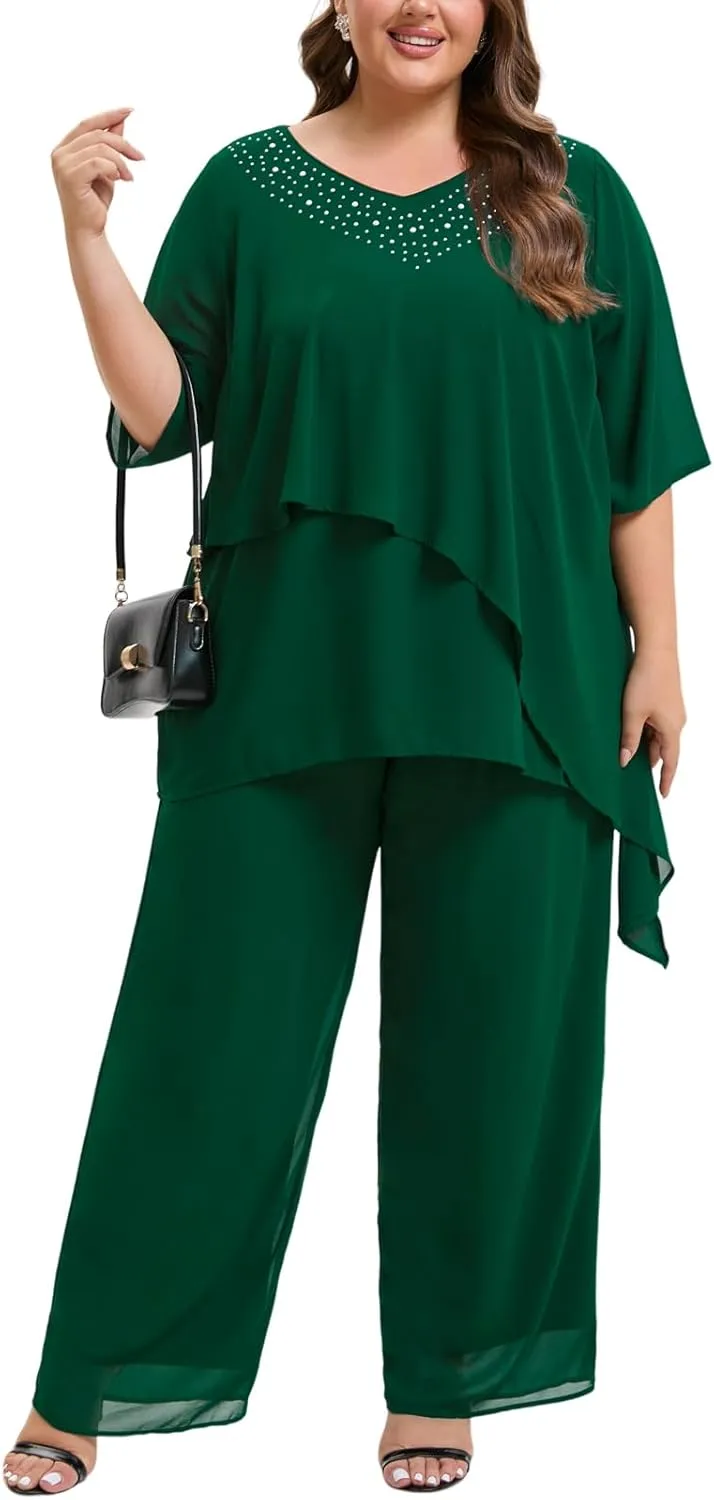 Plus Size Mother of Bride Pant Suits 2 Piece Ruffle Layers Chiffon Sets High Low Hem Wedding Guest Outfit