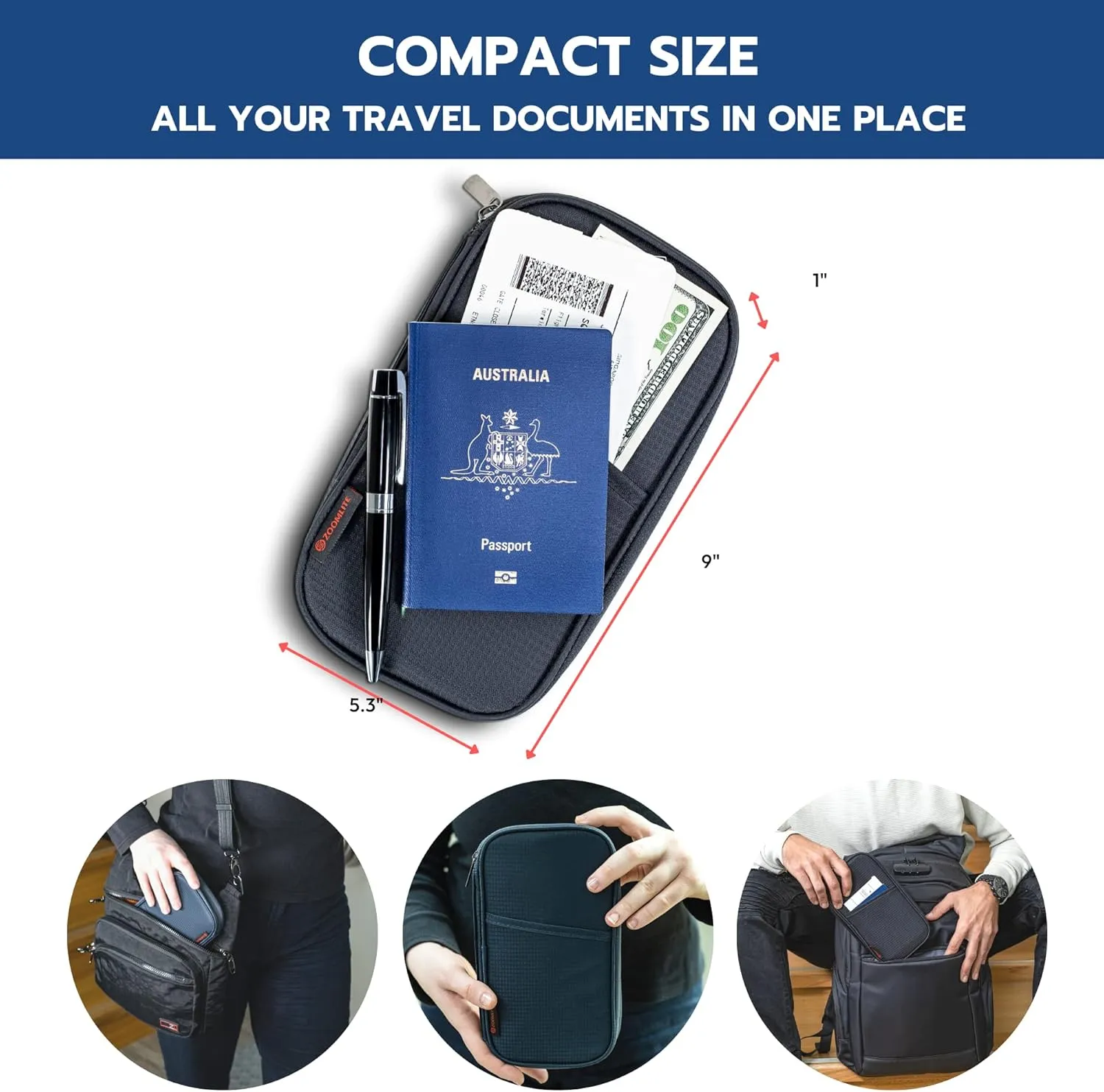 Premium Travel Document Organizer, Travel Wallet Passport Holder Family 4 with RFID Protection and Removable Wristlet - Fits Cards, Money for Women and Men Passports Bag Black