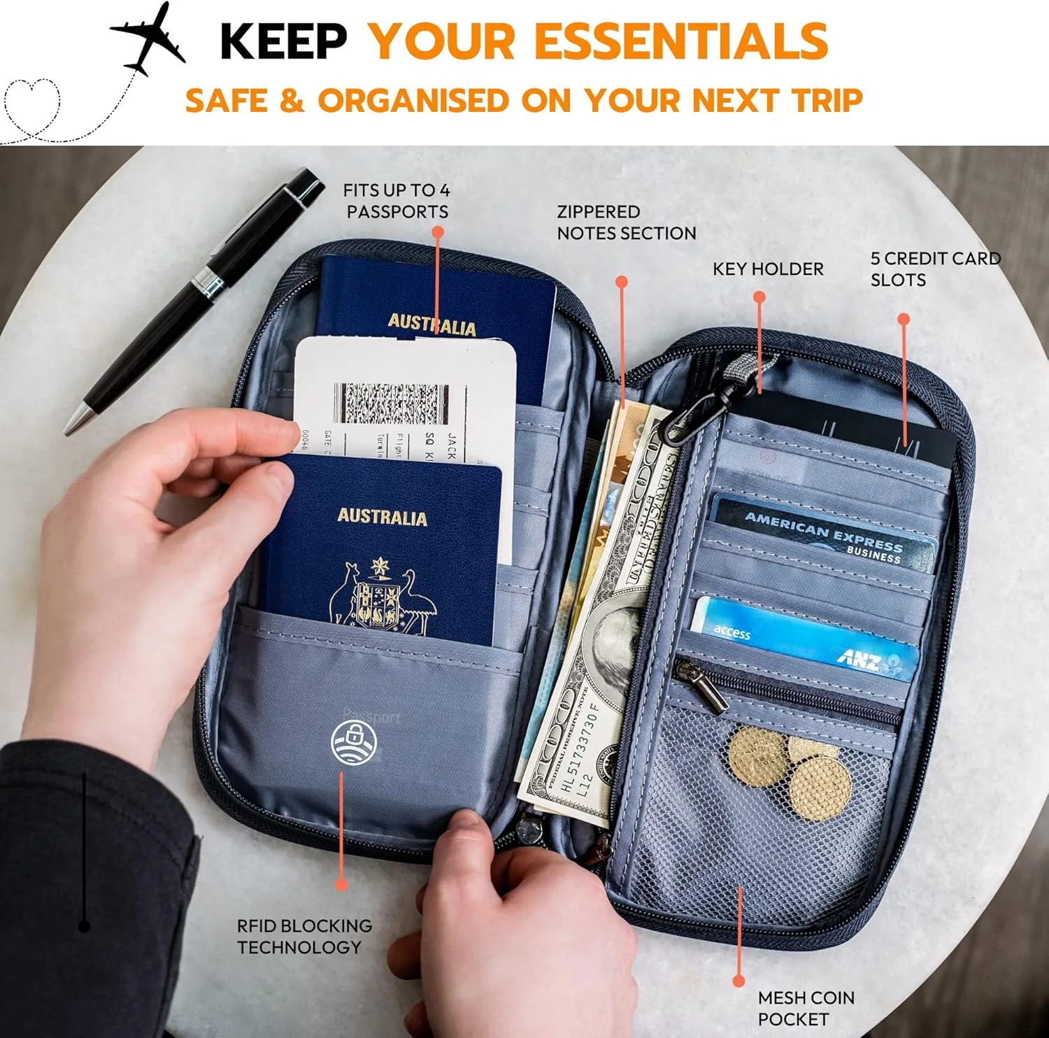 Premium Travel Document Organizer, Travel Wallet Passport Holder Family 4 with RFID Protection and Removable Wristlet - Fits Passports Bag, Cards, Money, and More for Women and Men  Red