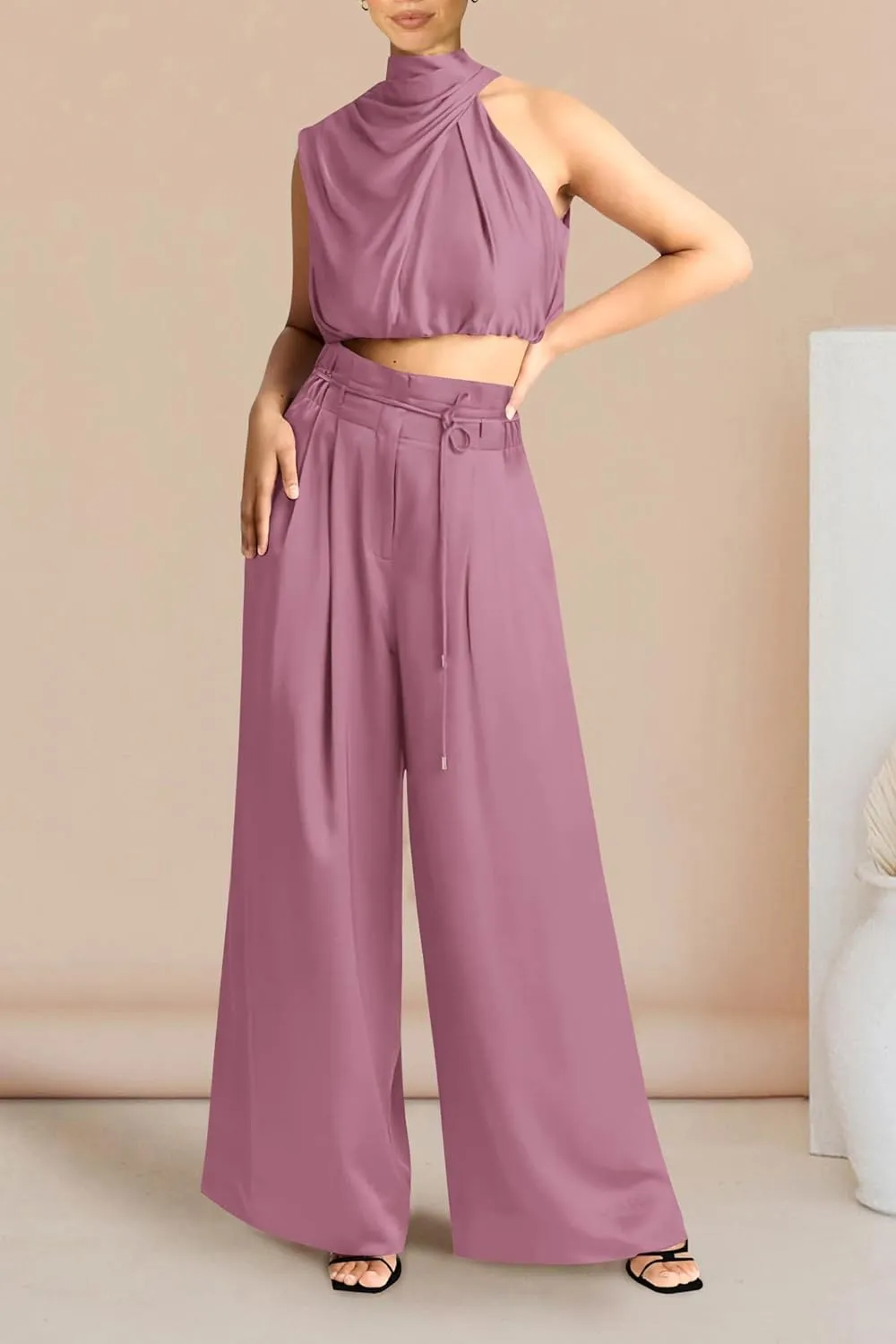PRETTYGARDEN Women's 2 Piece Outfits 2025 Summer Casual Sleeveless Mock Neck Crop Tops Wide Leg Pants Set