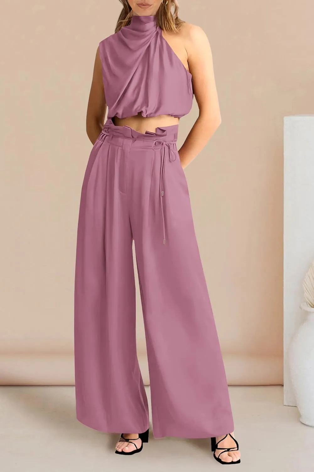 PRETTYGARDEN Women's 2 Piece Outfits 2025 Summer Casual Sleeveless Mock Neck Crop Tops Wide Leg Pants Set