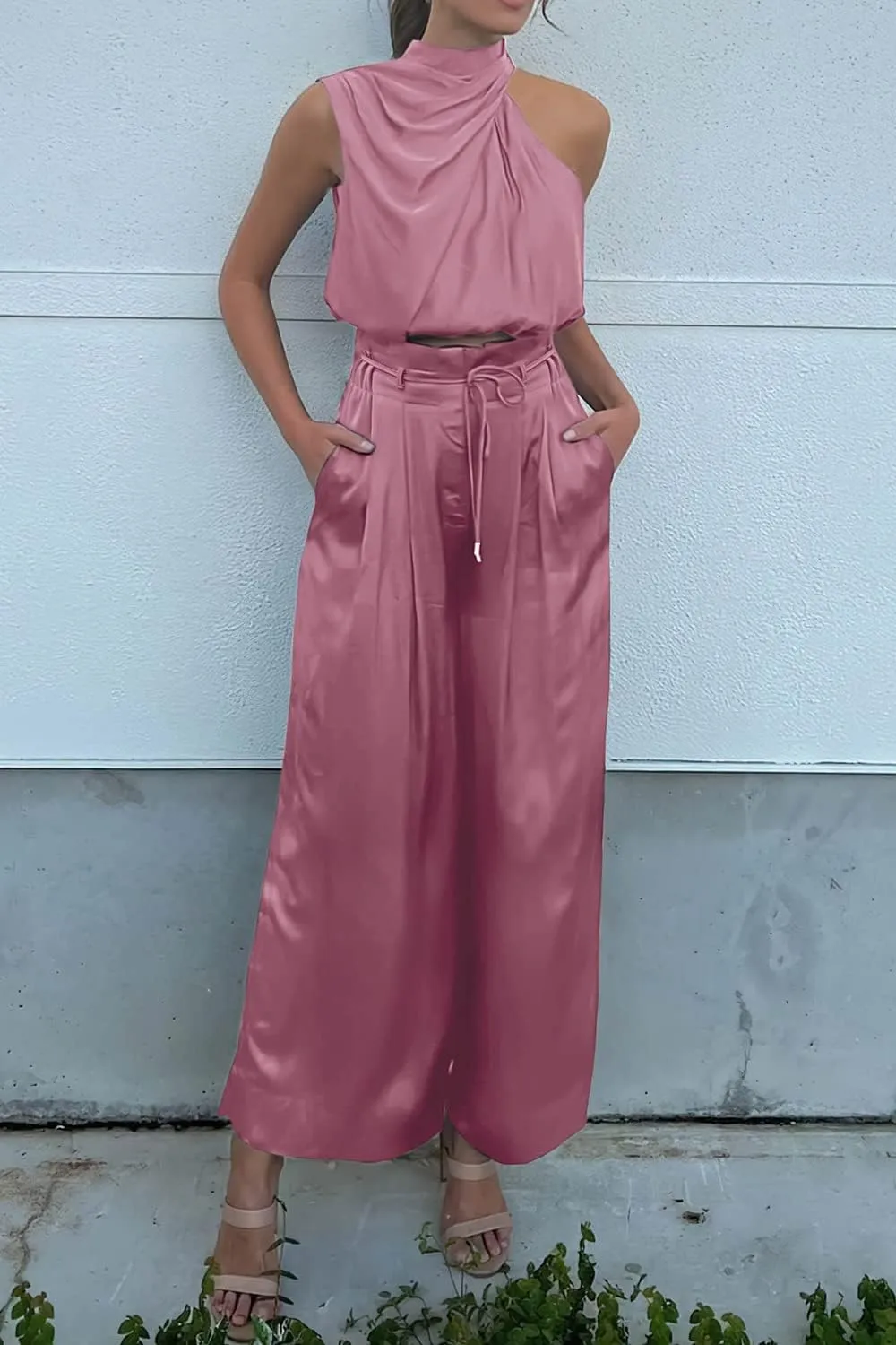 PRETTYGARDEN Women's 2 Piece Outfits 2025 Summer Casual Sleeveless Mock Neck Crop Tops Wide Leg Pants Set