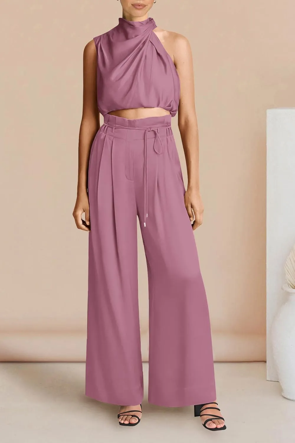 PRETTYGARDEN Women's 2 Piece Outfits 2025 Summer Casual Sleeveless Mock Neck Crop Tops Wide Leg Pants Set