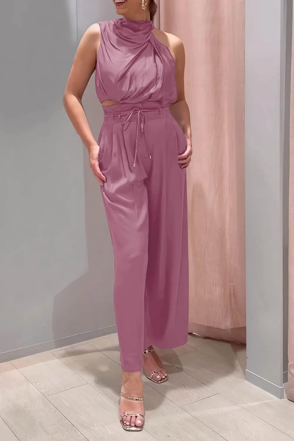PRETTYGARDEN Women's 2 Piece Outfits 2025 Summer Casual Sleeveless Mock Neck Crop Tops Wide Leg Pants Set