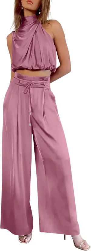 PRETTYGARDEN Women's 2 Piece Outfits 2025 Summer Casual Sleeveless Mock Neck Crop Tops Wide Leg Pants Set