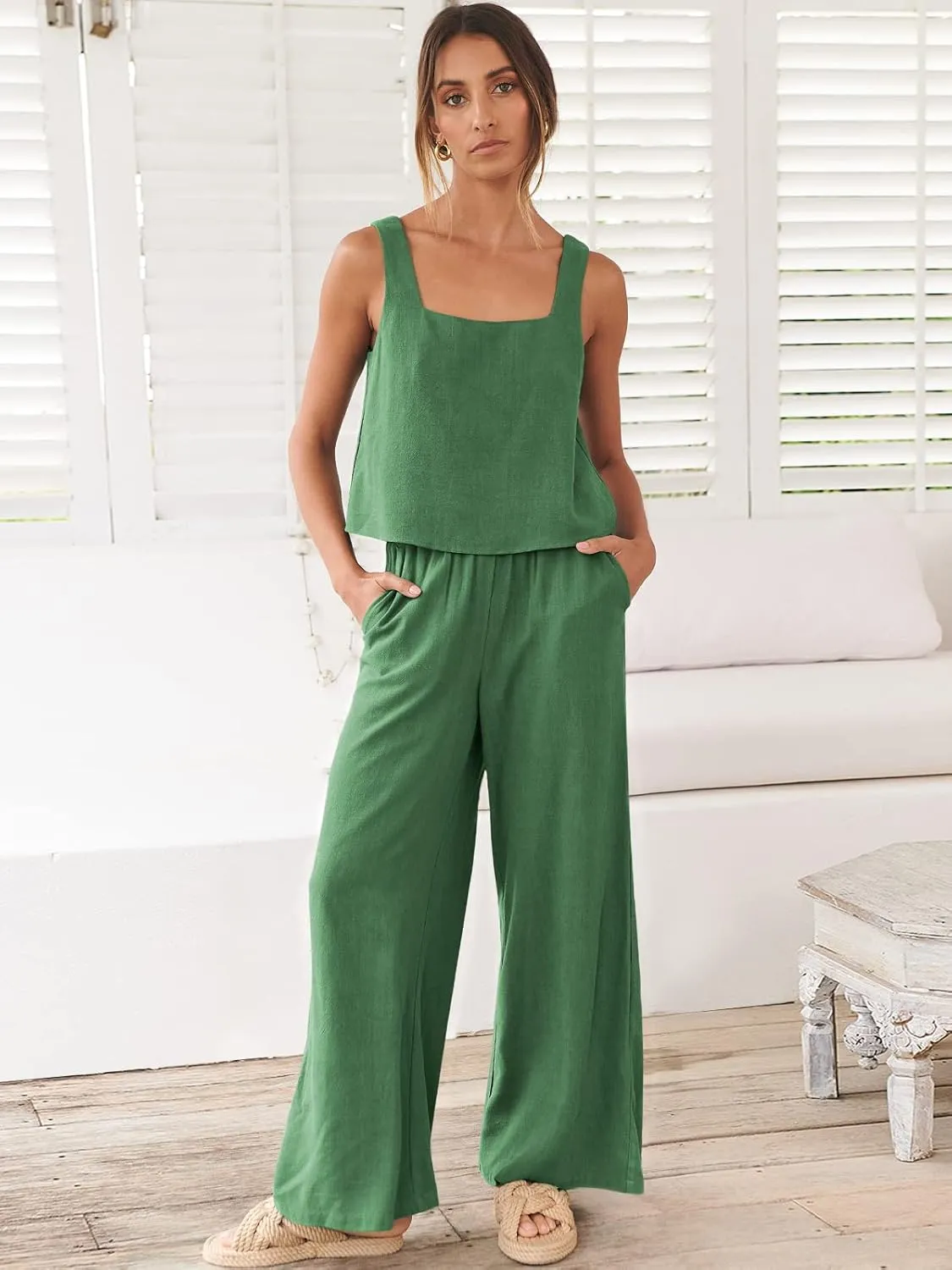 Prinbara Women's 2 Piece Outfits Lounge Sets Sleeveless Square Neck Linen Tank Crop Top Wide Leg Pants Matching Sets