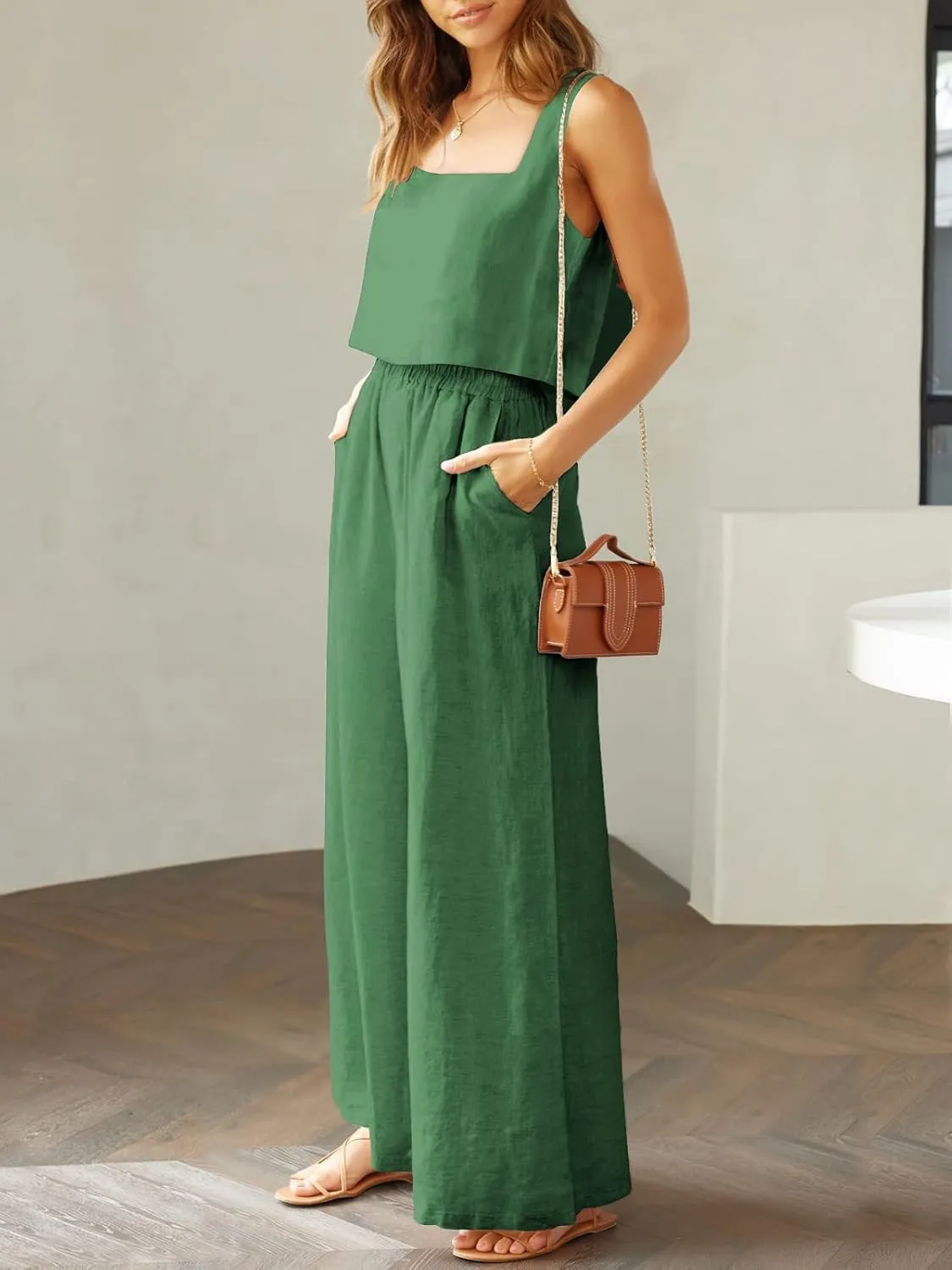 Prinbara Women's 2 Piece Outfits Lounge Sets Sleeveless Square Neck Linen Tank Crop Top Wide Leg Pants Matching Sets