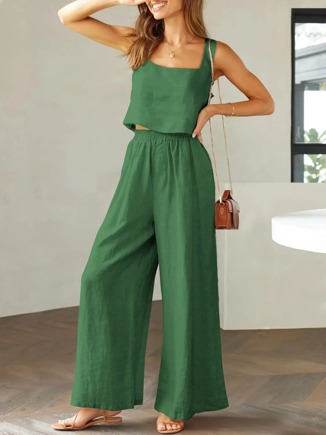Prinbara Women's 2 Piece Outfits Lounge Sets Sleeveless Square Neck Linen Tank Crop Top Wide Leg Pants Matching Sets