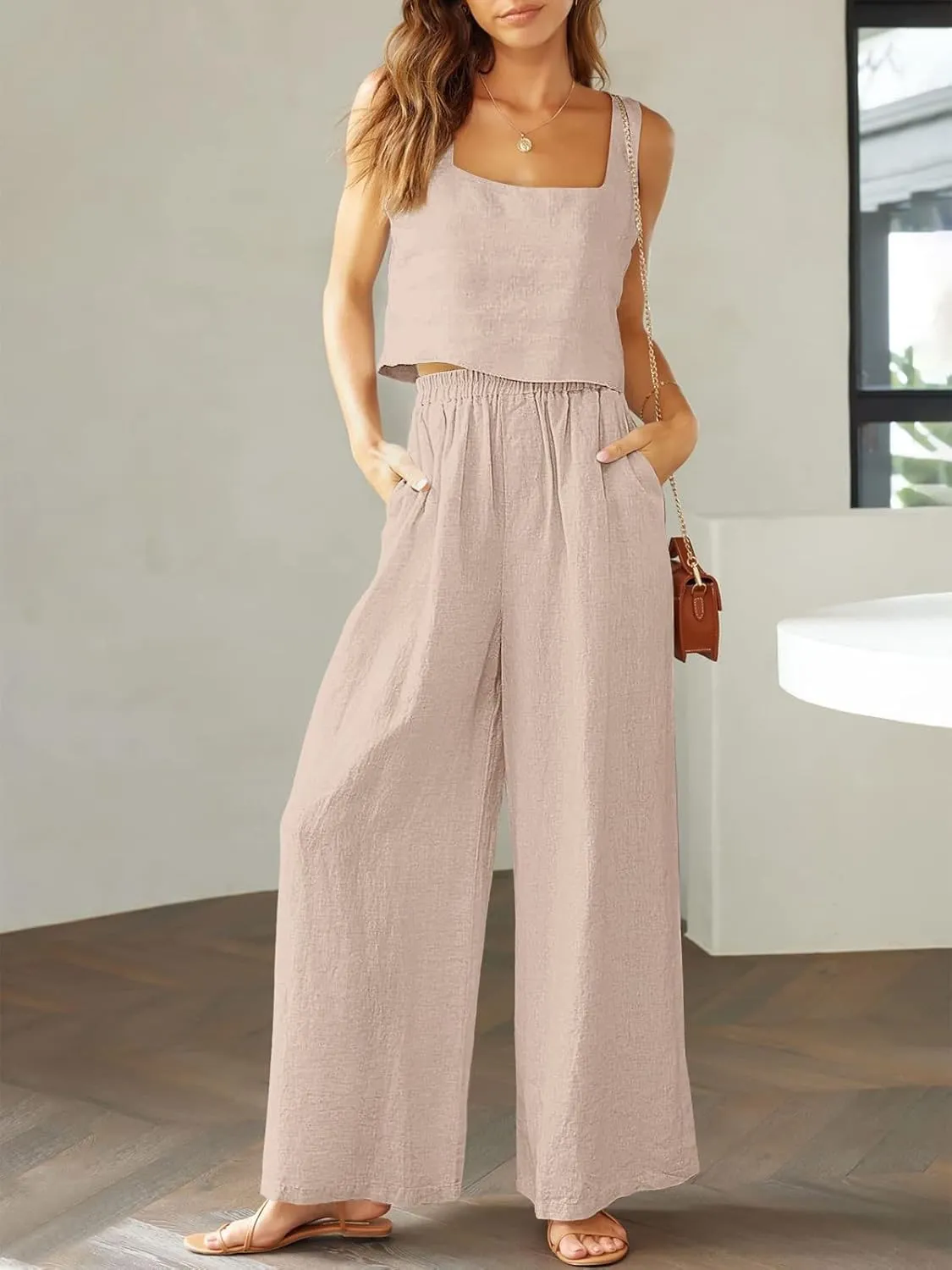 Prinbara Women's 2 Piece Outfits Lounge Sets Sleeveless Square Neck Linen Tank Crop Top Wide Leg Pants Matching Sets