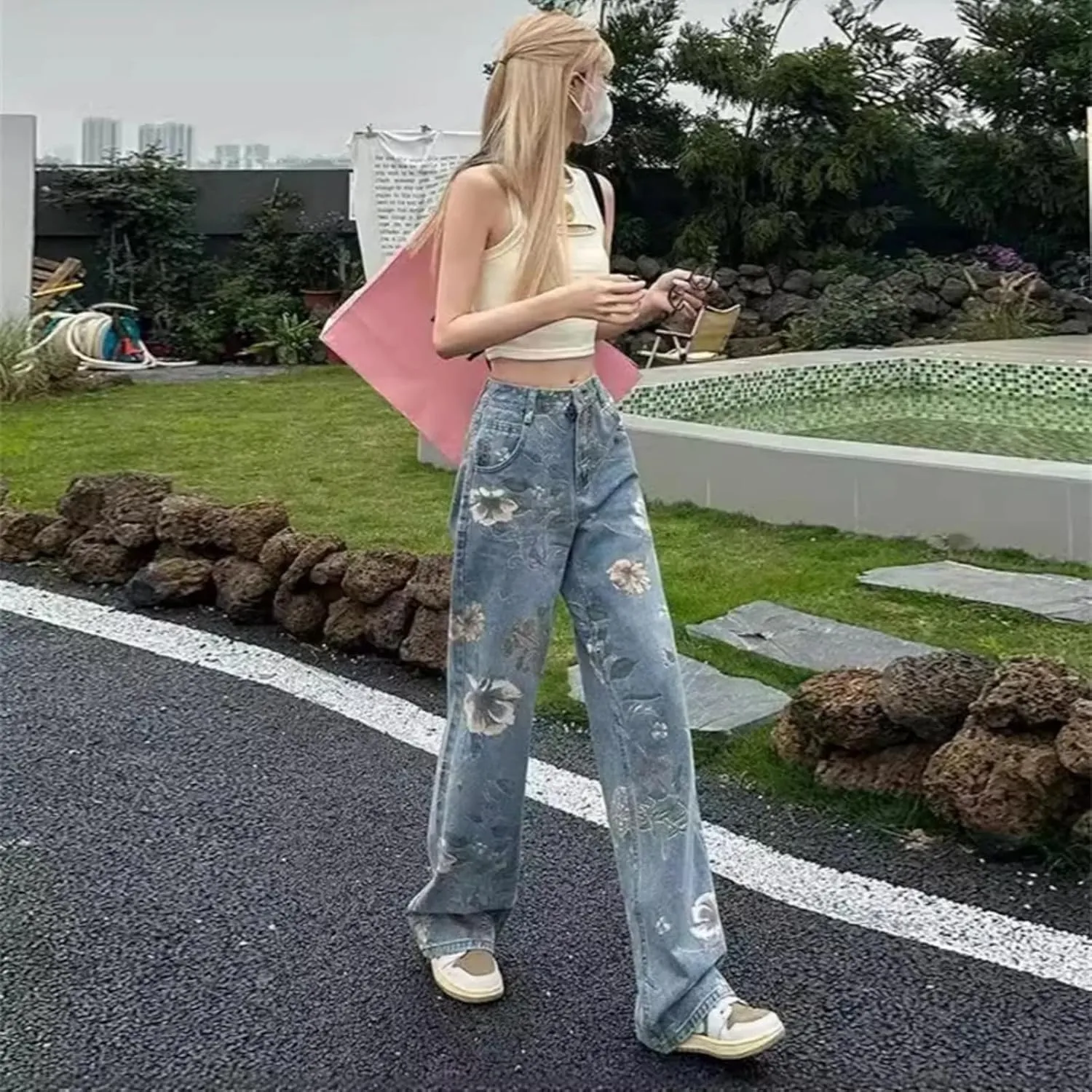 Print Flowers Wide Leg Jeans High Waist Trousers Casual Baggy Straight Streetwear Women Denim Pants