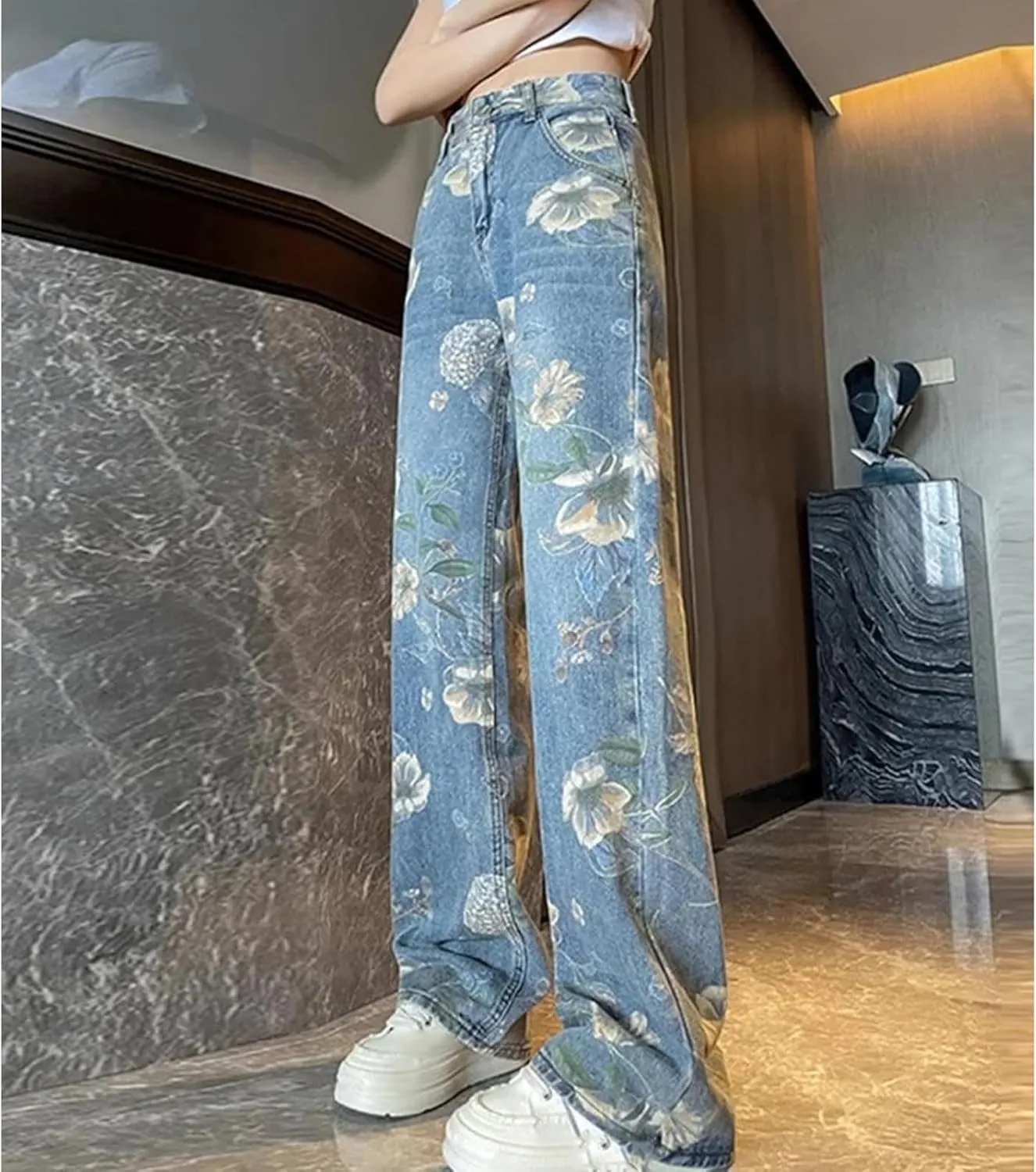 Print Flowers Wide Leg Jeans High Waist Trousers Casual Baggy Straight Streetwear Women Denim Pants