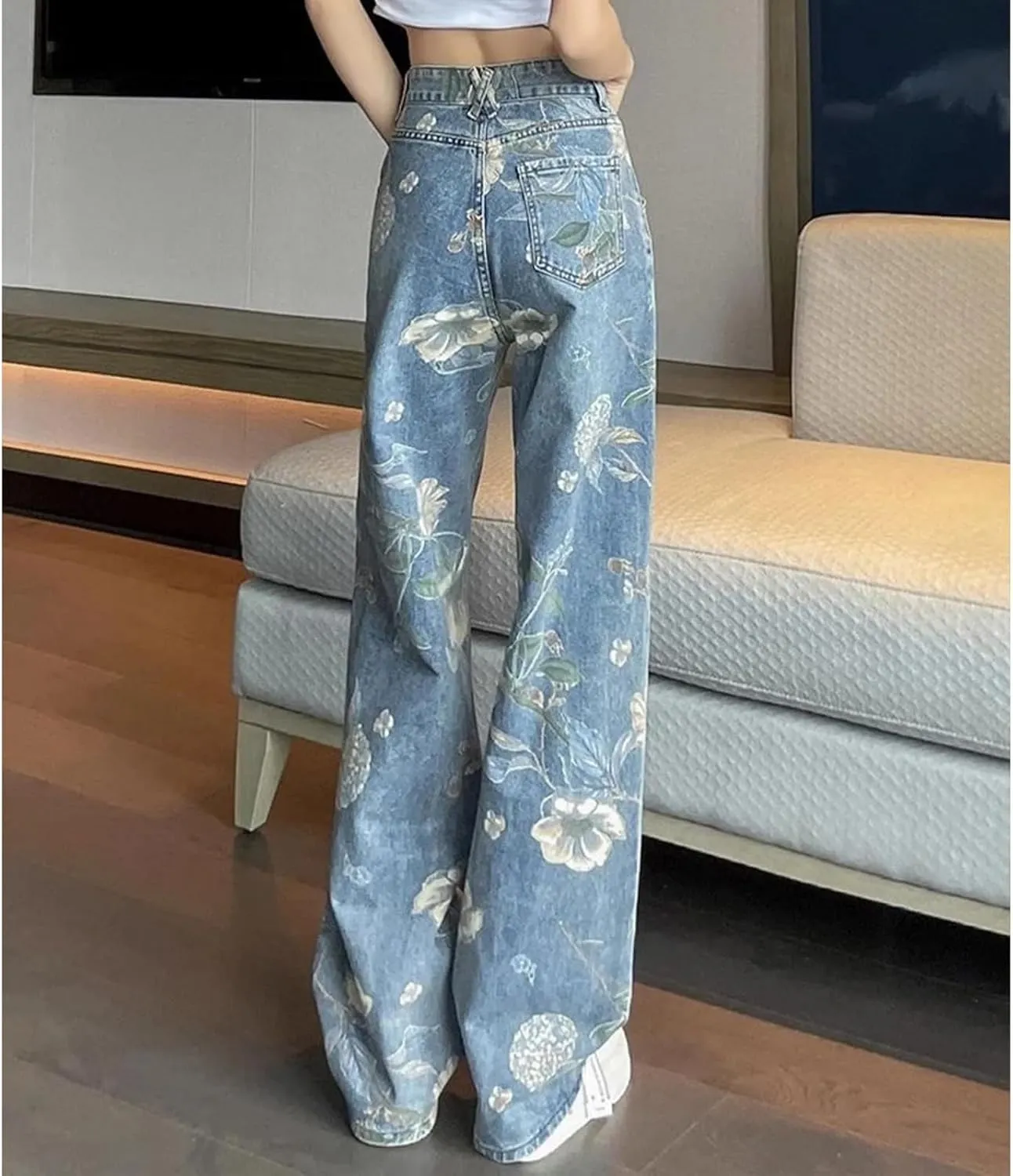 Print Flowers Wide Leg Jeans High Waist Trousers Casual Baggy Straight Streetwear Women Denim Pants