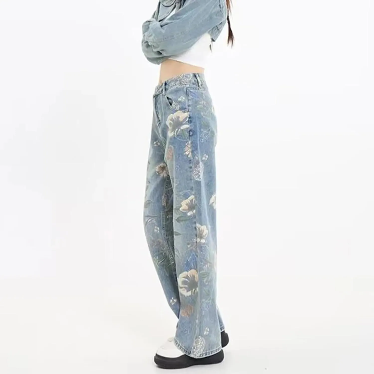 Print Flowers Wide Leg Jeans High Waist Trousers Casual Baggy Straight Streetwear Women Denim Pants