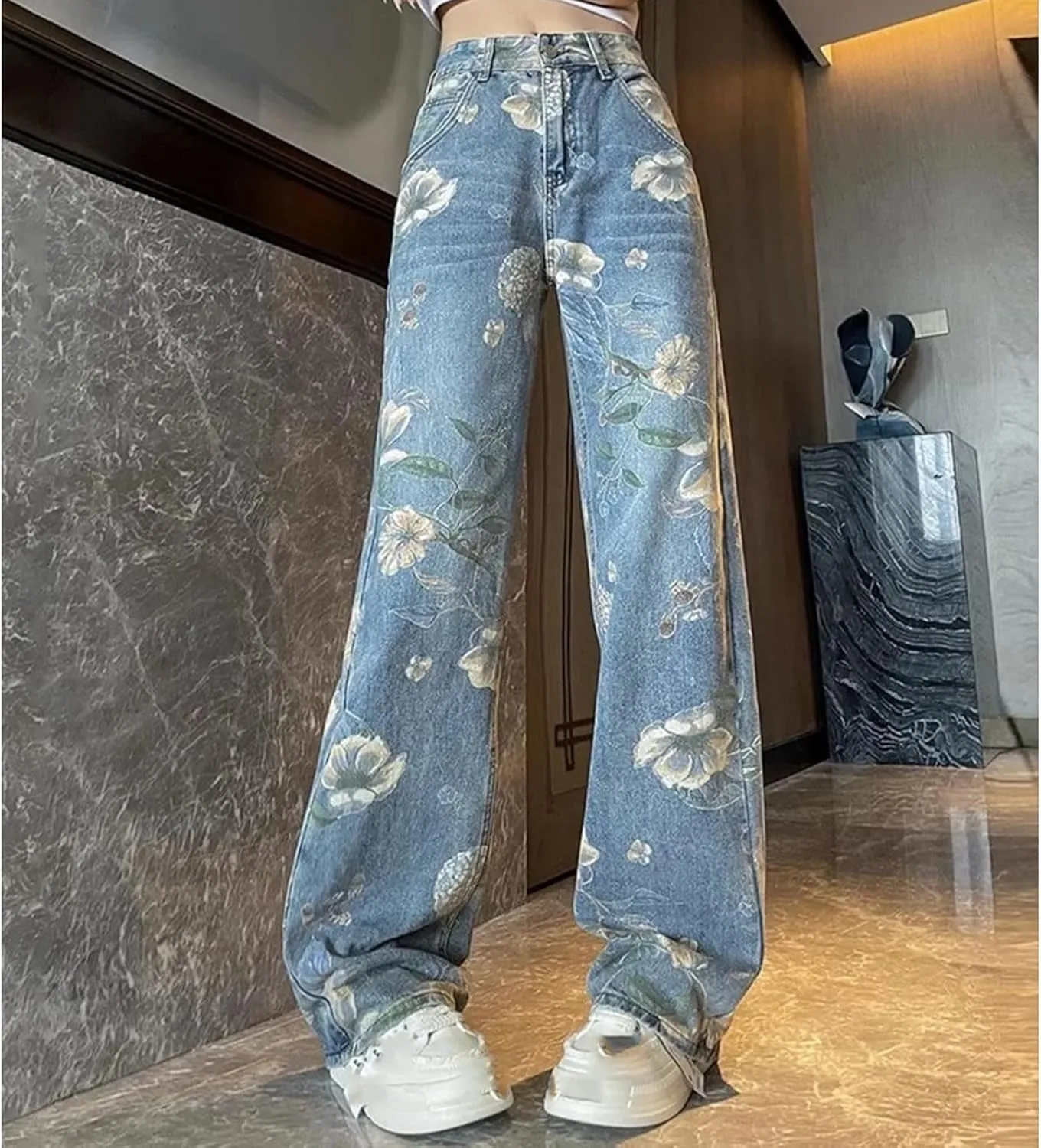 Print Flowers Wide Leg Jeans High Waist Trousers Casual Baggy Straight Streetwear Women Denim Pants